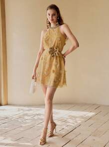 MOTF PREMIUM SEQUIN FLORAL PATTERN BRIDAL SHOWER DRESS - Yellow - View 2