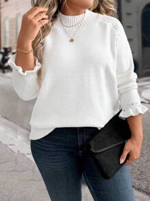 SHEIN Unity Plus Size High Collar Knitted Pearl Decor Elegant Loose Flounce Hem Long Sleeve Sweater Fall Winter