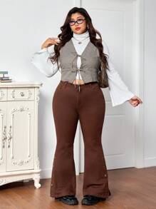 SHEIN MOD 大码弹力牛仔喇叭牛仔裤，棕色