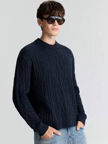 Ontre Men's Spring Navy Blue Round Neck Textured Twisted Rope Pullover Sweater, Loose Casual Versatile Suitable For New Year Party - Navy Blue - View 3