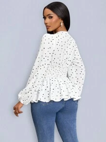 SOLERSUN Heart Print Wrap Neckline Lantern Sleeve Blouse With Ruffle Hem (Assorted Floral) Peplum Top