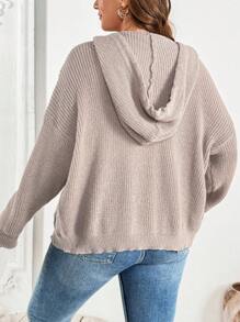 SHEIN LUNE Plus Size Solid Color Front Button Long Sleeve Minimalist Hooded Sweatshirt, Casual For Daily Wear - Khaki - View 2