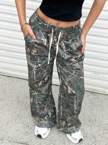 INAWLY 女士枝形印花抽绳腰阔腿宽松休闲裤