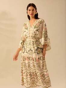 CAJUNI 女士波西米亚风热带芙蓉、椰子树、蛇纹植物印花度假休闲海滩宽松半身裙 - 彩色 - 查看 6