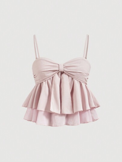 SHEIN MOD Women Summer Sweet Pink Pleated Ruffle Trim Camisole Top,Summer Crop Tops