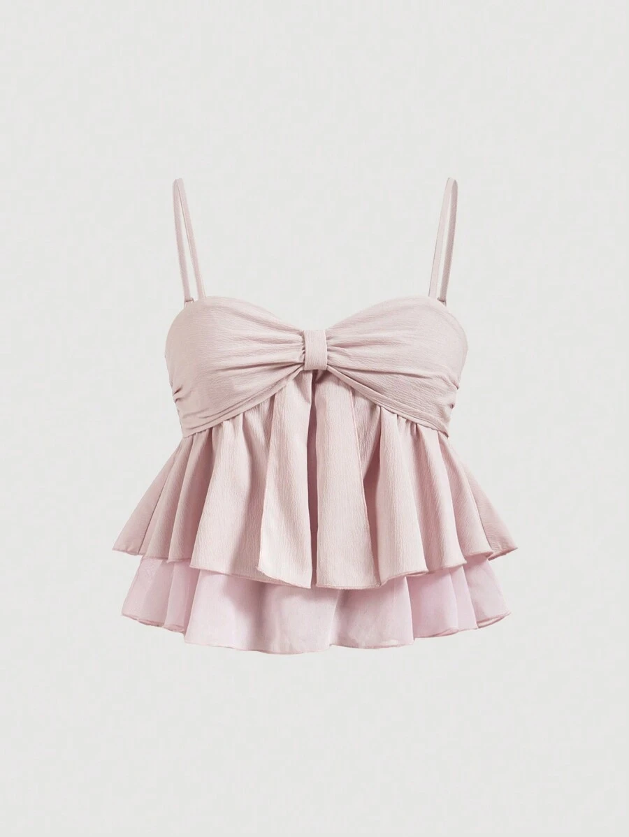 SHEIN MOD Women Summer Sweet Pink Pleated Ruffle Trim Camisole Top,Summer Crop Tops,Valentine Outfits