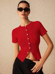 Poéselle Fall Slim Asymmetric Ribbed Short Sleeve Women's T-Shirt With Split Hem Design, Short Sleeve Shirt, Crew Neck, Skinny Short Sleeve Shirt, T-Shirt, Fall Women's Tops, Halloween Shirt, Going Out Costume