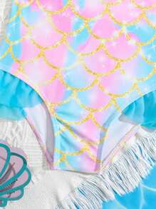 Young Girl' One-Piece Swimsuit With Cute Mermaid & Shell Print (Printed Pattern Randomly Assorted)