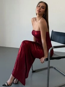 Aloruh Elegant Shimmery Strapless Maxi Party Dress, Wine Red Color