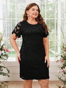 SHEIN Clasi Plus Size Solid Color Black Guipure Laace Round Neck Short Sleeve Simple Casual Mini Dress - Black - View 7