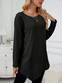INAWLY Solid Color Asymmetrical Hem Round Neck Long Sleeve T-Shirt Fall Cloth For Women - Black - View 3