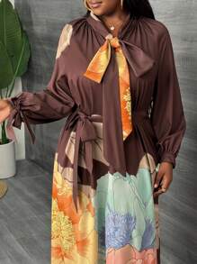 Slaydiva Plus Size Women Solid Color Patchwork Front Tie Long Sleeve Casual Dress, Elegant