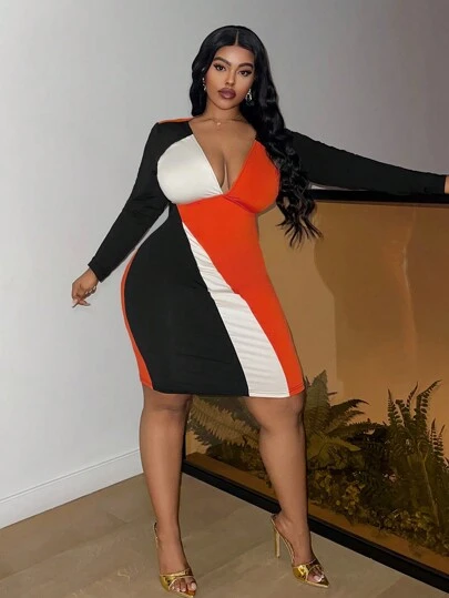 Slaydiva Plus Size Women Elegant Party Color Block Bodycon Dress With Shoulder Pads