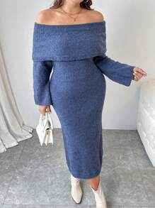 SHEIN Unity Große Größen Einfarbiges Lässig Langstrick-Kleid mit Schulterausschnitt und Langarm, für den Winter - Blau - Übersicht 6