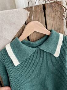 Tween Girls Casual Two-Tone Ruffled Lantern Sleeve Sweater, Autumn/Winter - Green - View 5