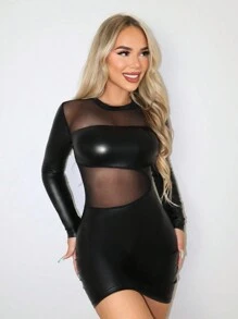 SHEIN PETITE Damska sukienka z krótkim rękawem, okrągłym dekoltem i siateczką w jednolitym kolorze, ze skóry PU i łączeniami