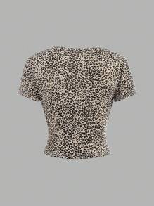 4pcs/Set Tween Girl Casual Round Neck Raglan Sleeve Leopard Print Fitted T-Shirt & Solid Color Knitted T-Shirt, Suitable For Spring & Summer, School, Campus, College - Multicolor - View 7
