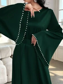 Al Najma 女士优雅纯色喇叭袖长裙，春/夏，朴素优雅的 A 字型阿拉伯连衣裙，适合晚会/婚礼嘉宾/周年纪念/日常穿着 - 軍綠色 - 查看 8