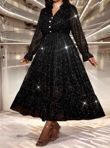 Allurite Đầm buộc eo cổ chữ V họa tiết ngôi sao gợi cảm, sang trọng, lãng mạn kiểu Pháp cỡ lớn - màu đen - Xem 4