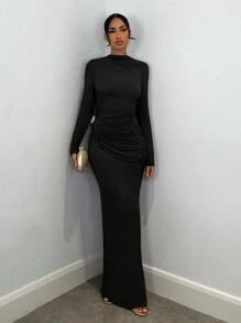 SHEIN BAE 优雅女士长袖连衣裙，带有金属装饰，适合休闲约会、郊游、夜总会派对和正式活动，秋季 - 黑色 - 查看 1