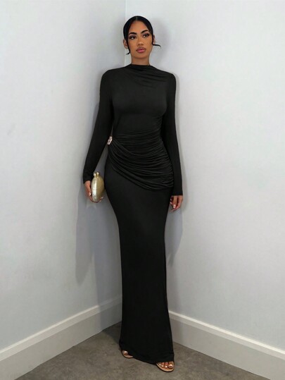 SHEIN BAE Elegant Women's Long Sleeve Dress With Metal Decor, Suitable For Casual Dates, Outings, Nightclub Parties, And Formal Events, Autumn