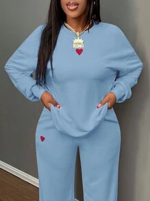 Slaydiva 2024 Autumn/Winter Casual Basic Cute Crew Neck Loose Long Sleeve Sweatshirt And Loose Pants Set With Heart Embroidery, Pink Sweatshirt Set - B - Blue - View 4