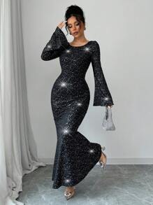 SHEIN Unity Women Glitter Fabric Tied Back Flared Sleeve Fishtail Waist Elegant Maxi Dress Outfit, For New Year - Black - View 5