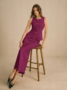 Poéselle 秋冬女士纯色前扣无袖休闲上衣 - 酒紅色 - 查看 4