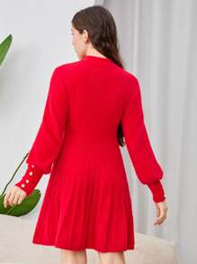 SHEIN 少女红色立领荷叶边袖纽扣式喇叭针织毛衣裙，适合秋季/圣诞节的休闲装 - 紅色 - 查看 2