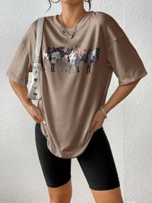 INAWLY 女士动物印花圆领短袖 T 恤图案 T 恤女式上衣 - 卡其色 - 查看 4