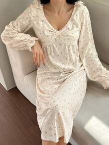 DAZY 碎花蝴蝶结荷叶边袖睡袍睡衣秋冬