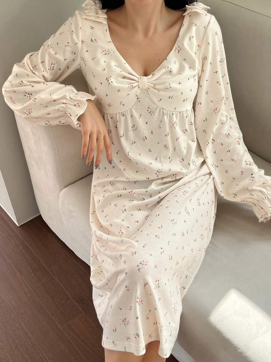 DAZY 碎花蝴蝶结荷叶边袖睡袍睡衣秋冬