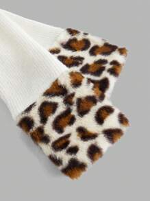 SHEIN ICON Women Off Shoulder Long Sleeve Leopard Pattern Patchwork Furry Cropped White Sweater