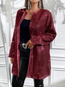 SHEIN Clasi Plus Size Sequin Solid Color Round Neck Zipper Jacket, Casual & Fashionable For Everyday - Burgundy - View 3