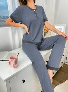 Contrast Color Patchwork Button-Up Round Neck Short Sleeve Casual Jacquard Women Loungewear Set