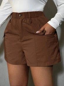 SHEIN SXY Pantalones cortos minimalistas de uso diario en unicolor con bolsillo delantero y botones, talla grande