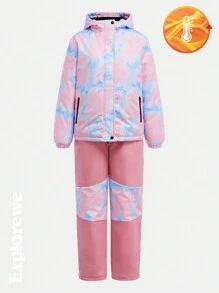 SHEIN 2st/set Tie-Dye Mönster Huva långärmad jacka och haklappsbyxor Isolerad skiddräkt för tonårsflickor - Rosa - Visa 4