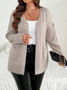 SHEIN Clasi Plus Size Casual Jednokolorowy Teksturowany Kardigan Z Podwójnymi Kieszeniami, Jesień/Zima