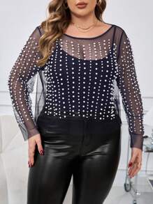 SHEIN Clasi Blusa elegante de malla blanca con cuentas para mujer de talla grande, adecuada para fiestas - Azul Marino - Ver 5