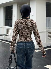 SHEIN Unity Women's Crop V-Neck Leopard Print American-Style Long Sleeve Sweater, Unique Design For Autumn/Winter Knit Pullover Fall - Multicolor - View 2