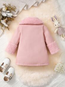 Baby Girl Furry Lapel Snap Button Front A-Line Long Sleeve Windbreaker Coats - Pink - View 2