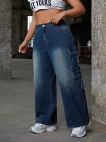 SHEIN ICON Jeans casuales de pierna ancha con múltiples bolsillos para mujeres de talla grande