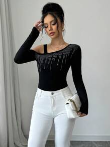 SHEIN Unity Asymmetrical Neck Rhinestone Decor Pullover Sweater, Elegant Women's Top For Autumn/Winter Knit Pullover Fall - Black - View 3