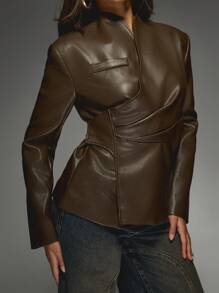 MISSGUIDED Blazer envolvente de piel sintética de lujo, diseño profesional, de oficina, de alta moda, con estructura y diseño asimétrico frontal, manga larga, prenda de vestir para otoño e invierno