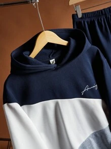 SHEIN 2pcs/Set Casual Comfortable Loose Style Contrast Color Patchwork Hoodie & Sweatpants Set, Suitable For Outings (Teen Boys)