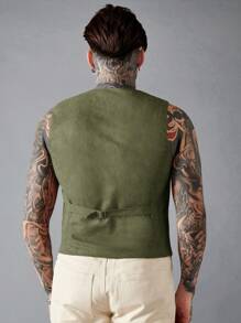 Manfinity VCAY 男式复古纯色绒面仿皮背心带流苏装饰 - 軍綠色 - 查看 2