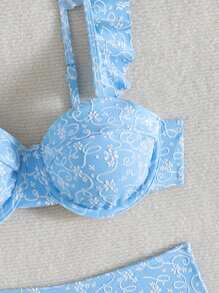 Women's Beach Outfit, Textured Fabric Soft Cup Underwire Swimwear With Cute Ruffle Trim And Adjustable Straps For Summer Beach Vacation - Blue and White - View 6