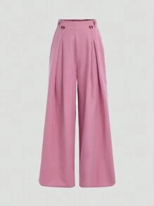 SHEIN Pantalones anchos y sueltos con pliegues, decoración de botones en la cintura, elegantes, para niñas de talla grande