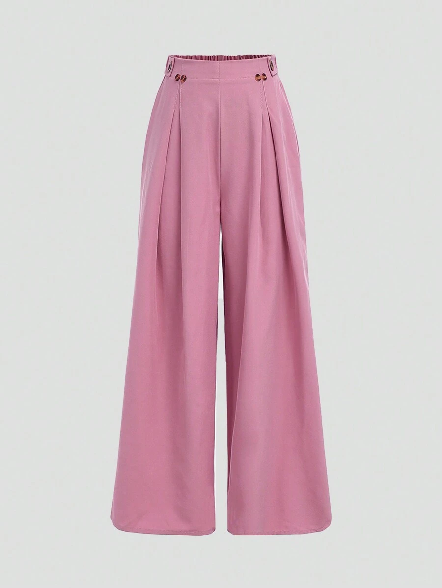 SHEIN Pantalones anchos y sueltos con pliegues, decoración de botones en la cintura, elegantes, para niñas de talla grande