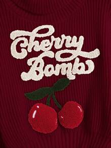 ROMWE Fairycore New Year & Christmas Cute Innocent College Style Casual Cherry Embroidery Turtleneck Lantern Sleeve Sweater For Women